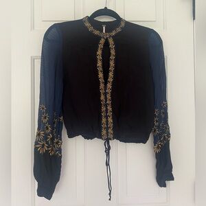 Free People Silver Embellished Blouse with Tie Front